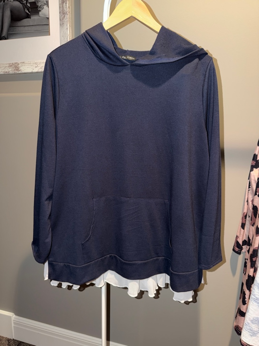 Kim & Cami Navy Blue Hooded Sweatshirt with Layered Hem